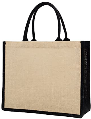 Large Natural Jute Carrier Bags - Reusable Shopping Totes with Strong Handle - Eco Friendly Groceries & Food Bags - Foldable, Black, Brown (Brown Size L (17.7x13.8x6.3in))