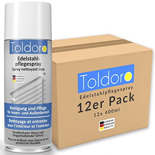 Toldoro 12x Edelstahl Pflegespray 400ml / Edelstahlreiniger für Küche oder Grill/Edelstahlpflege Spray als Edelstahl Reinigungsmittel oder Metallreiniger als Sprühflasche