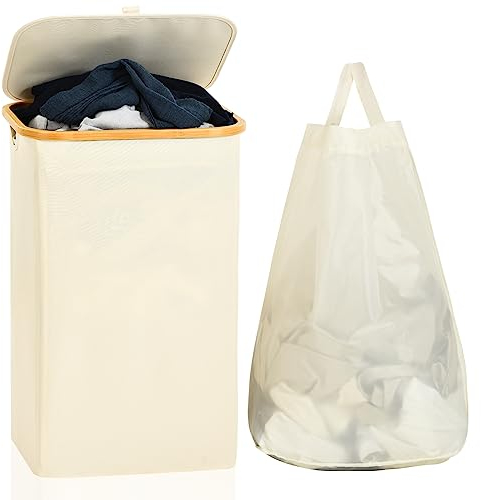ROSOS Collapsible Laundry Basket with Lid, 102L Foldable Laundry Bin with Removable Bag & Bamboo Handle, Waterproof, Beige