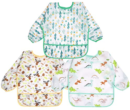 Vicloon Babyhaklapp med långa ärmar, vattentäta ärmhaklappar, unisexhaklappar för barn, set med haklappar för mat, konst, hantverk, målning, lek för 6–24 månaders barn, 3 st.