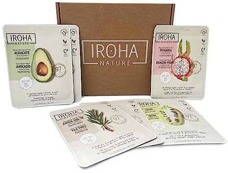 Iroha Nature - Kit Maschera Viso con Avocado, Tè, Pitaya e Noni | 6 Maschere per Pelle Sana e Idratata