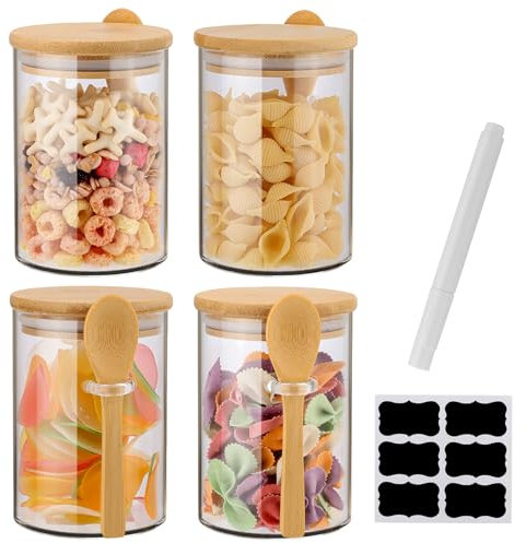 Rongbaor 4 Pack Glass Jars with Airtight Bamboo Lid and Spoon,530ml Overnight Oats Jars,Kitchen Spice Jars Storage Containers,With Waterproof Label and Marker Pen for Home Storage Cookie Candy Coffee