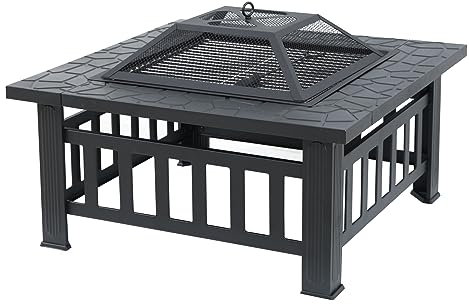 TAINO Feuerschale Eckig mit Grillfunktion Feuerschutz Garten Outdoor Stahl Schwarz