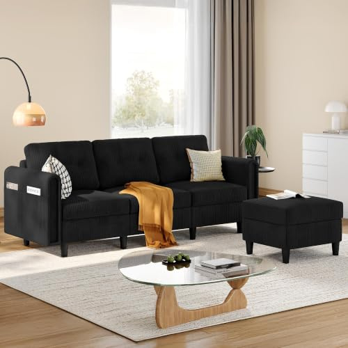 Yaheetech Fabric Reversible 3-Seater L-Shaped Sectional Sofa, Black | Reversible Chaise Lounge, with Ottoman & Side Pockets, Polyester Fabric, Ideal for Small Spaces, Living Room & Home Office