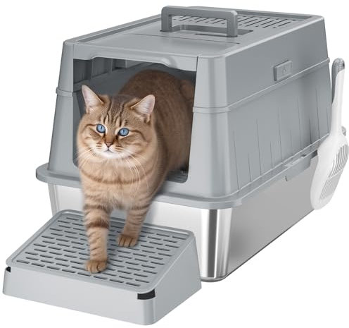 Lifewit Katzenklo Edelstahl mit Deckel，Katzenklo Groß Katzentoilette XXL Katzenklo Geschlossen für Große Katzen, Front-Eingang-Ausgang Katzentoiletten-Metallstreu-Box mit Schaufel & Pedal, Grau