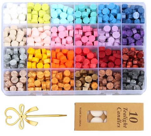 Siegelwachs Perlen, Wax Seal Beads, Wax Seal Kit, Set Siegelwachs, Stempel Wachs, Wachssiegel Wachs, Geeignet zum Dekorieren von Umschlägen, Einladungen, Sammelalben, mit Rührnadel und Kerze