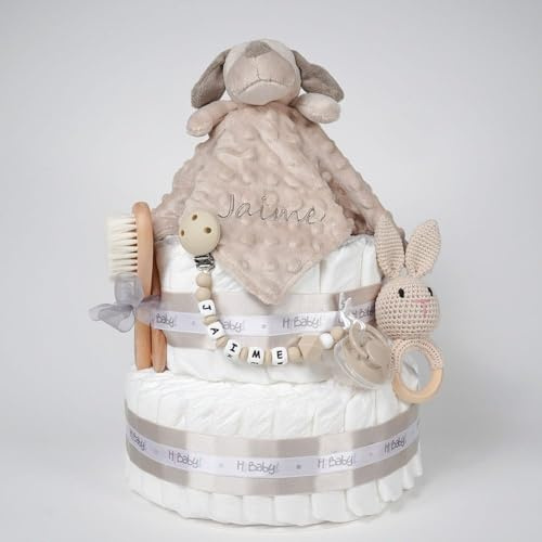 Tarta de pañales personalizada para bebé Baby Rattle, Regalo Original para Baby Shower, Recién Nacido, Bautizo, Pañales dodot Sensitive, Pastel de pañales (Toffe)
