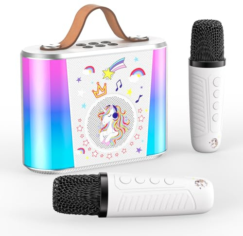 PKBD Macchina del Karaoke per Bambini: Karaoke Portatile con 2 Microfoni Senza Fili,Altoparlante Bluetooth, Effetti Vocale e Luci LED Bambini 3-15 Anni (Bianco)