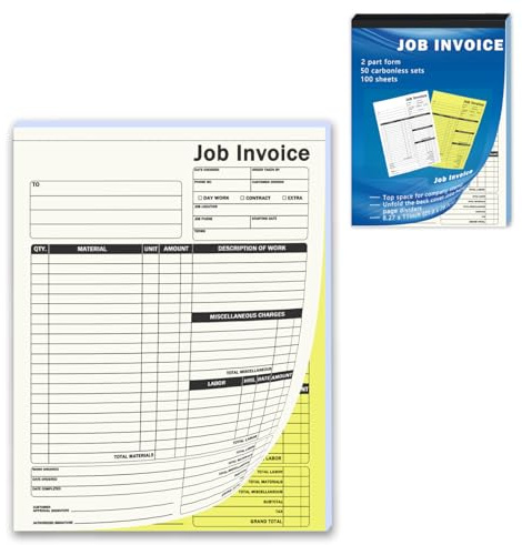 XUEJITECH 50 Sets Work Order Forms, 2-Part Carbonless Job Invoice Forms with Snap-Off Design, 8.27 x 11 Inches (21 x 28 cm), Invoice Receipt Book for Small Business & Contractors