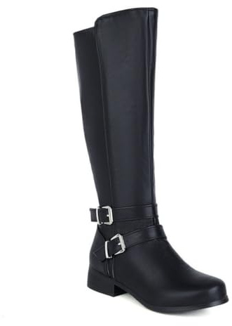 Botas Equitación Mujer Altas con Hebilla y Cremallera Lateral Tacón Bajo Elegantes y Cómodas,Negro,36 EU