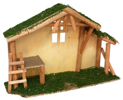 AC - Cueva/Portal de belén, Madera y Musgo, Pesebre con Techo para Nacimiento, Figura de Navidad, decoración Tradicional - 45 x 13,5 x 30 cm