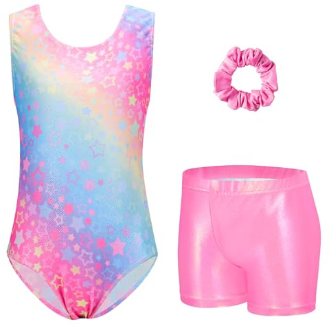 Arshiner Girls Gymnastics Leotard Kids Sleeveless 3Pcs Gymnastik Outfit | Printed Gymnastik Suit,Leotards Shorts Hairband,Sparkly Bodysuit,Training Dancewear Set,3-12 Years