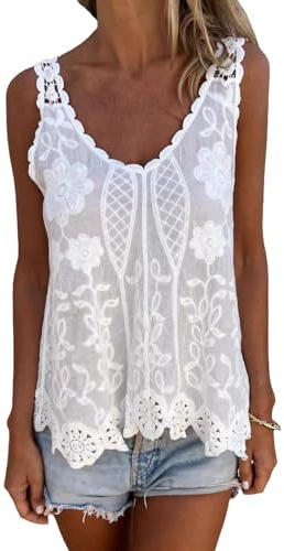Casual Cotton Vest for Womens Sleeveless Blouse Lightweight Breathable Hollow Out Crochet Embroidery Tanks Top Crochet Lace Tanks Top