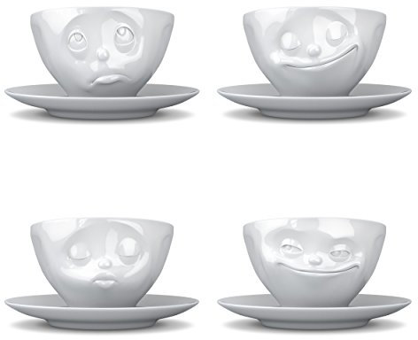 Fiftyeight TV Tassen Kaffeetasse 4er Set, Grinsend, Küssend, Glücklich, Och Bitte, Kaffee Tasse, Cappuccinotasse, mit Untersetzer, aus Porzellan, Weiß, 200ml