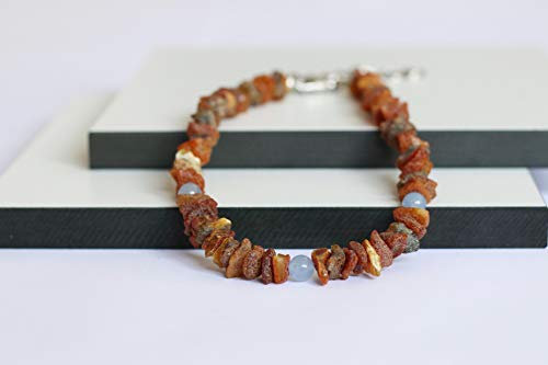 Bernsteinkette für Hunde aus Roh Baltischer Bernstein mit Blaue Jade verziert | Zeckenhalsband | Bernstein Gegen Zecken | Zecken und Flohschutz Halsband (40-45 cm)