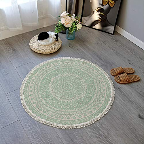 Morbuy Round Area Rug Carpet Handmade Rug, Machine Washable Indian Floor Mats With Tassels Hand Woven Printed Kitchen Runner for Bedroom Living Room (92cm,Green)