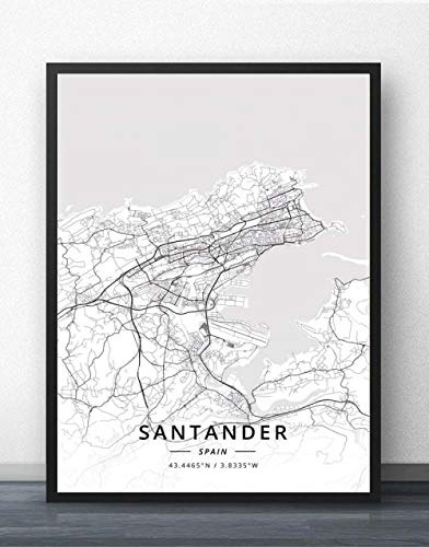 Cuadro Sobre Lienzo,Santander España Mapa De La Ciudad Imprime Carteles Pintura Mural Arte Retro Pintura Rectángulo Imágenes Arte Pop Para Sala De Estar Dormitorio Decoración Del Hogar, 40X50Cm /