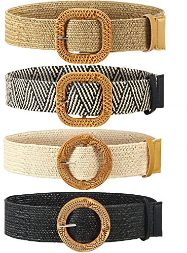 WILLBOND 4 Pcs Women's Elastic Raffia Woven Belt, Boho Rattan Buckle Stretch Straw Wide Waist Belt for Dresses Jeans Pants(Retro Color,X-Large)