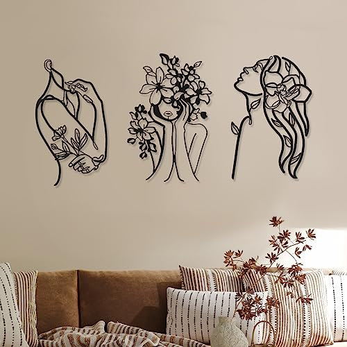 Photect 3 Stück Minimalistische Frau Wandkunst Deko - Moderne Abstrakte Metall Weibliche Einzeilige Strichzeichnungen zum Aufhängen für Wohnzimmer (Schwarz, Stilvoll)