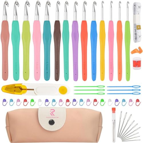 Moseem Häkelnadel Set 54 Stück, 14 Größe Häkelset von 2 mm bis 10 mm für Anfänger mit Häkel Zubehör,Ergonomische Häkelnadeln Soft Gummi Häckelnadel Crochet Set, Häkelnadeln Set mit Tragbaren Fall