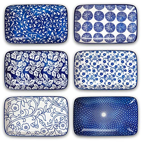 Selamica Set di 6 piatti da insalata rettangolari in ceramica, 24 cm, piatti piani, pasta, dessert, piatti da portata e vassoi per antipasti, sushi, frutta, set di 6, blu vintage