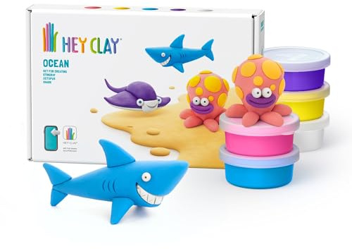 Hey Clay Ocean: Shark, Octopus, Stingray Set - Colourful Modeling Kids - Air Dry Clay Kit 6 cans with Fun Interactive Instructions App