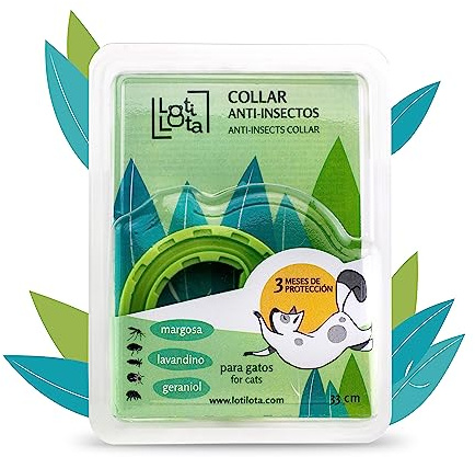 LOTI LOTA Collar Anti-Insectos para Gatos - Activos Naturales - Geraniol, Margosa, Lavandino - 33 cm Ajustable - Resistente al Agua -