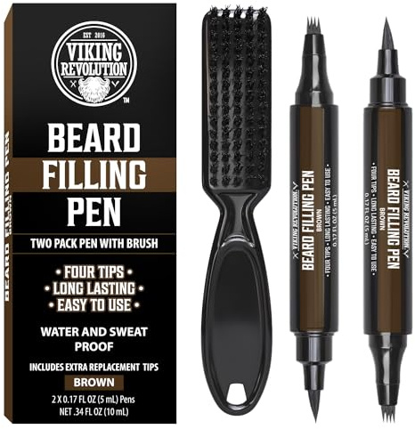 Viking Revolution Beard Pen (2 Pack) - Brown Beard Pencil Filler for Men Lapiz para Barba de Hombre - Beard Filler for Men Waterproof Beard Filling Pen Kit - Long Lasting Beard Filler Pen with Brush