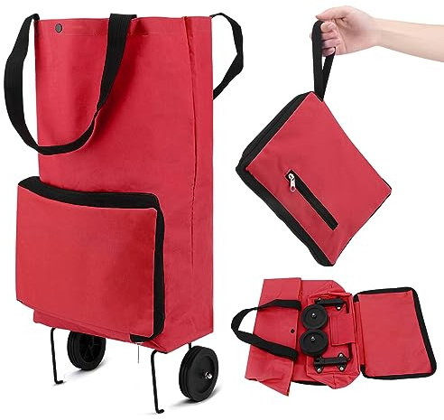 Collapsible Trolley, Folding Bag with Rubber Wheels - Foldable Shopping Cart, Oxford Cloth Reusable Cart for Supermarket, Capacity Bag (Red)