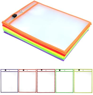 QWORK® 25X Pochettes Effaçables à Sec A4, Pochette Transparente Réutilisables en 5 Couleurs, Fournitures de Bureau et d'Enseignement