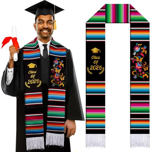 Halfchet Class of 2026 Mexican Graduation Stole 72'' Hispanic Embroidery Mexico Graduation Sash Sarape for Graduation 2026(Classic)