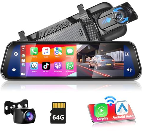 Podofo Specchietto Retrovisore Dash Cam 9.66 IPS Touch Screen Con Wireless Carplay, Android Auto, Dual 1080P Dashcam, 2 Schermi Divisi