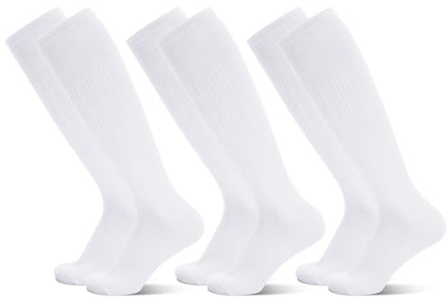 Radsocken 3 Pairs Football Socks for Men,White Football Socks Mens Football Socks Long Knee High White Sport Socks Soccer Socks for Men Women Adult Rugby Hockey Running Gym 39-44