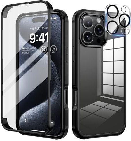 seacosmo for iPhone 16 Pro Case, Full-Body Shockproof Case [Built-in Glass Screen Protector] [Camera Lens Protector] 360° Front and Back Cover for iPhone 16 Pro 6.3 Inch - Black/Clear