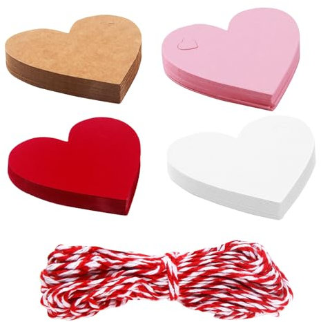 ORUZA Herz Geschenkanhänger Kraftpapier, 100 Stück Kraftpapier Anhänger mit Roter Zwirn, Kraftpapier Handmade Label für Hochzeit Geburtstag Ostern Weihnachten Geschenke