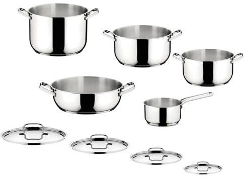Lagostina Sfiziosa, Set di 9 Pentole con Fondo Lagoseal Plus per Tutti i Piani Cottura, Rivestimento in Acciaio Inox per Rapido Riscaldamento e Cottura Uniforme, Design Elegante di Lunga Durata