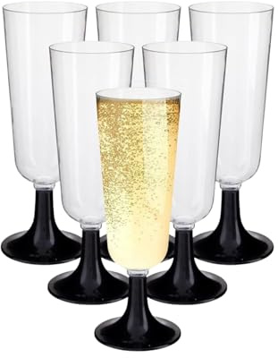 HOMESHOPA 6 Pack Plastic Champagne Flutes, Clear Wine Glasses Black Base, Unbreakable Reusable Cocktail Prosecco Glasses for Weddings Birthdays Christmas BBQ & Garden Parties