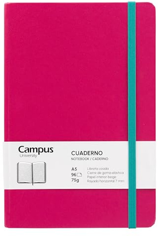 Campus - Carnet de Notes A5, Bullet Journal Feuilles Lignes, Carnet Rose Couverture Rigide, 96 Feuilles 75g, Fermeture Élastique, Pochette et Marque-Page (A5, Lignes Horizontales, Rose)