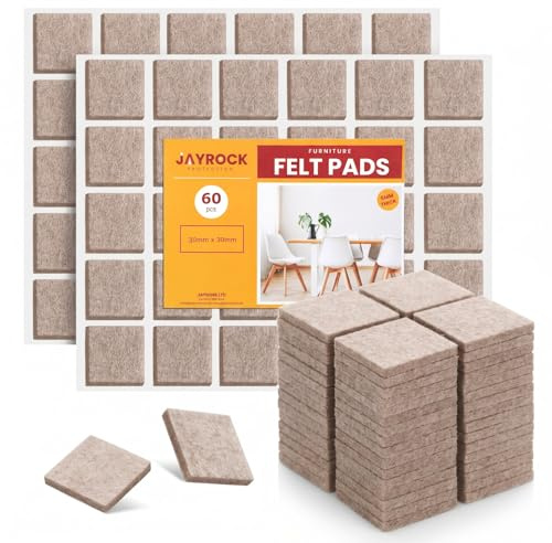 Lot de 60 patins de protection en feutre pour pieds de meubles – 5 mm d'épaisseur – Patins carrés autocollants en feutre pour protéger les planchers en bois dur, 30 mm x 30 mm, beige