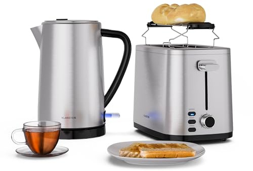 Klarstein Verosteel Toaster Wasserkocher Set - Edelstahl, 2 Scheiben Toaster mit 7 Bräunungsstufen & Brötchenaufsatz, 1,7L Wasserkocher mit Kalkfilter, Frühstücksset