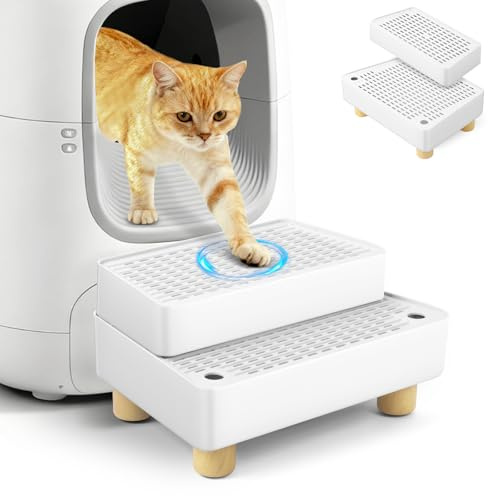 Bartuke Grande Rampe de litière à 2 marches réglable avec Pieds en Bois, Fonction de Filtration, escalier pour Animaux de Compagnie pour Chatons et Chats âgés, bac à litière Automatique pour Chat