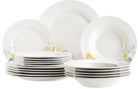 MÄSER 934497 Serie Zibal, Teller Set für 6 Personen, 18-teiliges Geschirrset mit Speiseteller, Suppenteller, Dessertteller; florales Blumenmuster, Porzellan, weiß