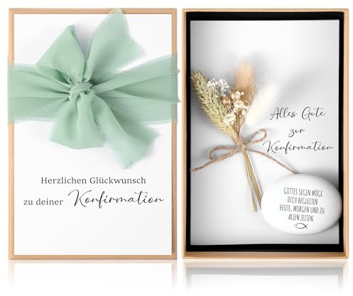 Hestya Set de Regalo de Confirmación 1 Caja de Regalo con Dinero 1 Tarjeta de Flores Secas para la Confirmación 1 Piedra de la Suerte 1 Adorno Verde Claro Cinta