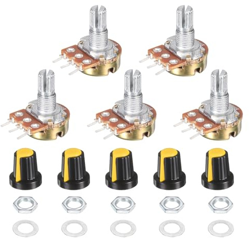 sourcing map 5 Set WH148 1M Potentiometer Kit, Ohm Variable Resistor Linear Taper Adjustable Rotary Potentiometer for Audio Applications Devices with Plastic Knobs Nuts and Washers, Yellow