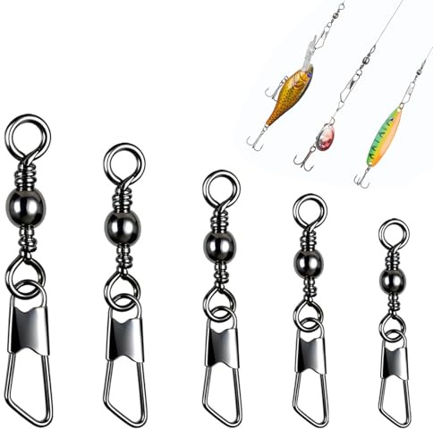 125 Pezzi Girelle da Pesca - Girelle a Barilotto con Cuscinetto a Sfere - Giunto Girevole, Moschettone, Girella in Acciaio Inossidabile per Esche Pesca Accessori per Ingranaggi 7# 8# 10# 12# 14#