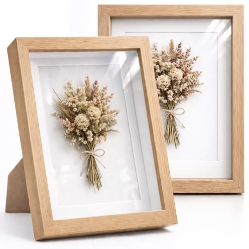 Enmarkalia - Pack X2 color Madera - 13x18 cm Marco de foto con Profundidad Tipo Vitrina 3D con Paspartú Incluido – Marco Efecto Caja para Fotos, Recuerdos y Objetos. (Madera X2 Uds., 13 x 18 cm)