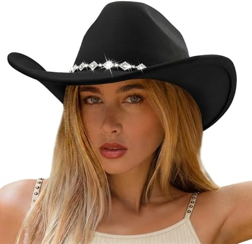 DRESHOW Western Cowboyhatt Kvinnor Män Bred Brätte Strass Filt Fedora Hut | Glitterband med Strass, Traditionell Westernstil, Cowgirlhatt för Fest, Kostym, Cosplay, Vardagsbruk