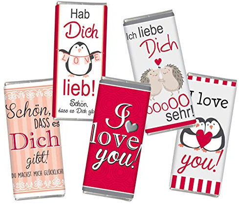5 mal Mini Schokolade Valentinstag LIEBE STEINBECK Vollmilch Schokolade Tafel 5er Set Geschenk süß Mitgebsel Herzen i love you Frauen Männer Schatz rot