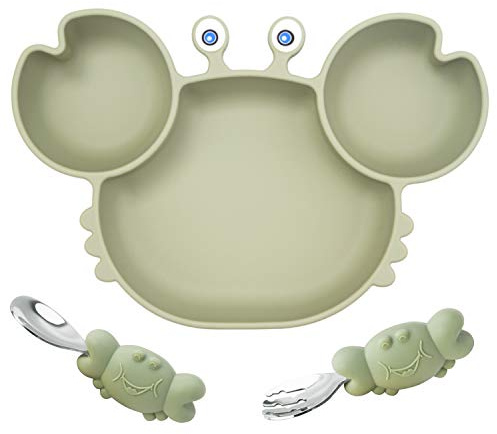 Set di strumenti per bambini piccoli per imparare a mangiare da soli, con piatto con divisori in silicone con ventosa, forchetta e cucchiaio, adatti per la maggior parte dei vassoi dei seggioloni