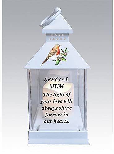 Mum Memorial Light Up Christmas Lantern - Robin Holly Floral Candle Graveside Memory Remembrance